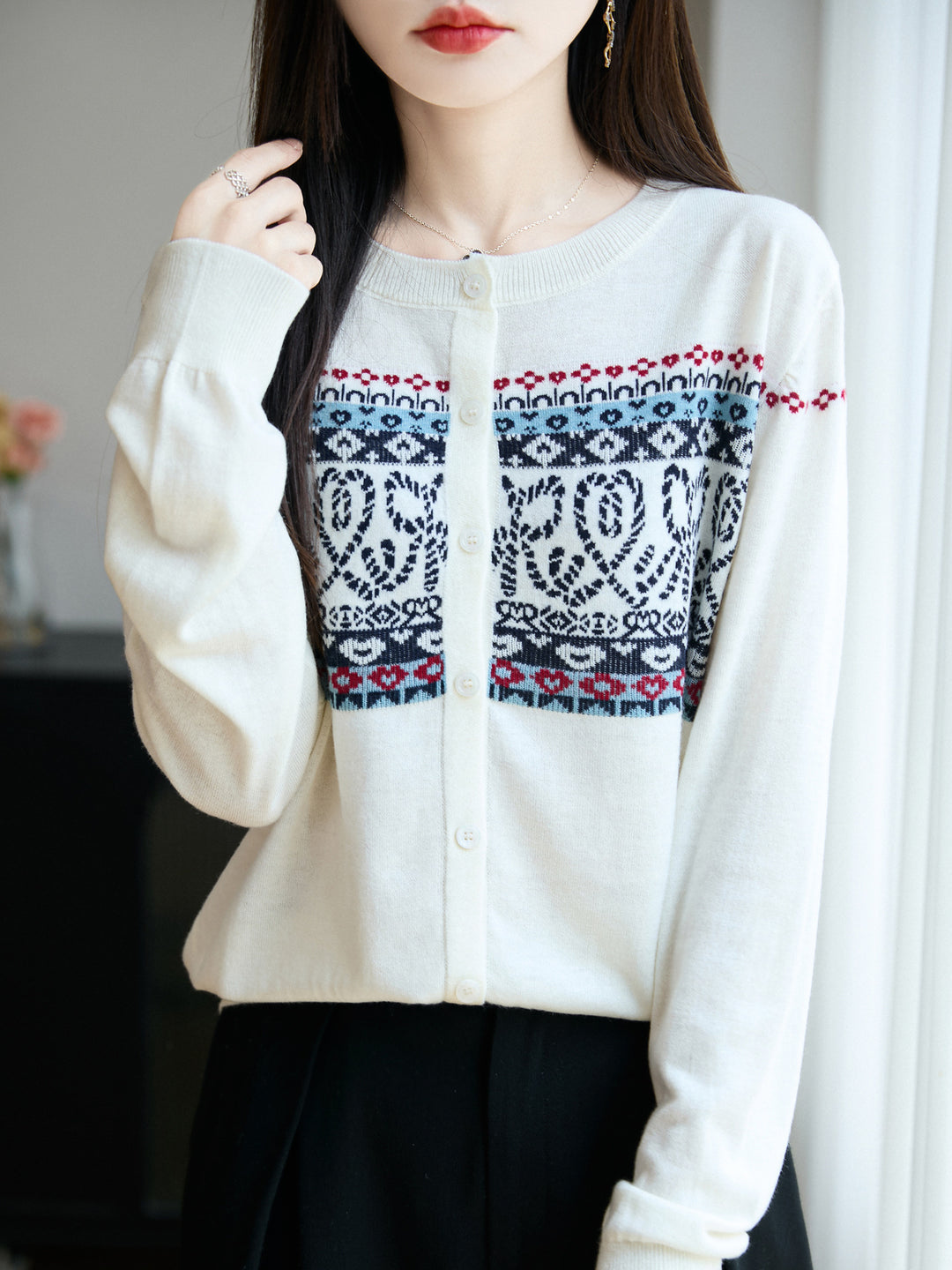 Damen Leichter Feinstrick-Cardigan mit nordischem Jacquardmuster und feiner Knopfleiste Shop Nory