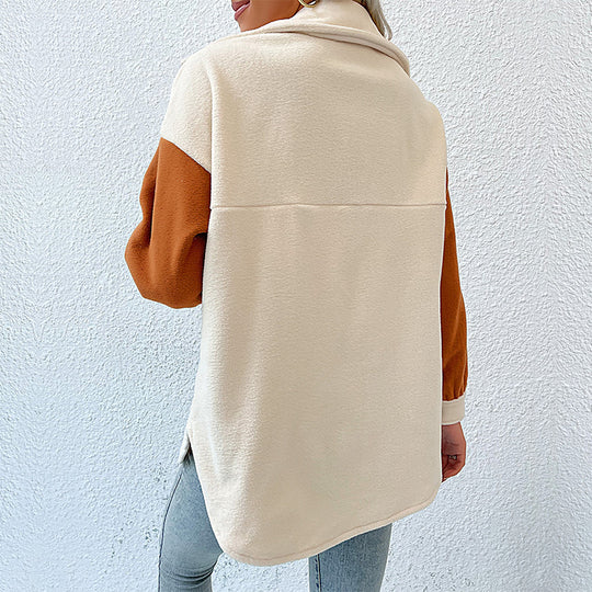Damen weite Hemdjacke aus Teddyfleece mit Kontrastärmeln und aufgesetzten Taschen Shop Nory