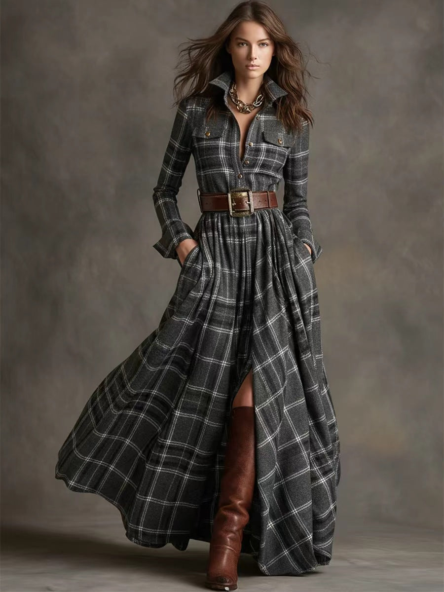 Damen nan karierte Maxikleid Hemdblusenkleid mit ausgestelltem Rock und breitem Taillengürtel Shop Nory