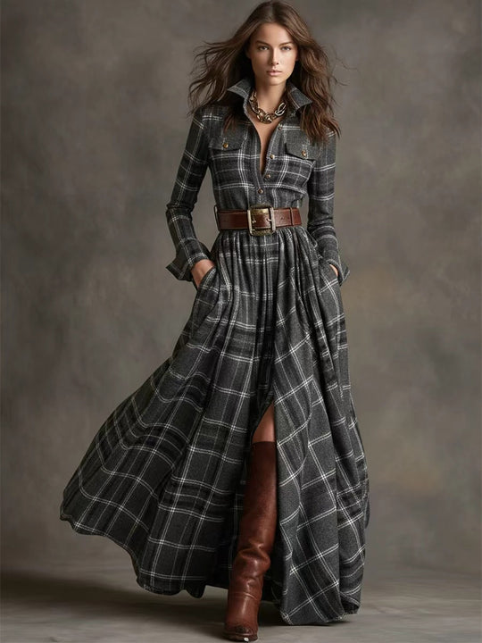 Damen nan karierte Maxikleid Hemdblusenkleid mit ausgestelltem Rock und breitem Taillengürtel Shop Nory