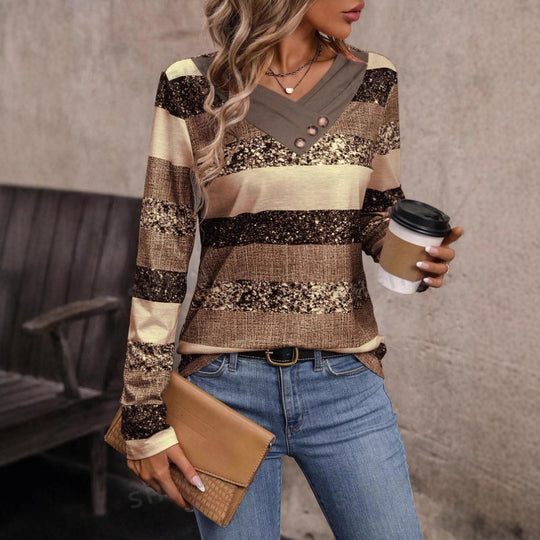 Damen Langarmshirt mit V-Ausschnitt, strukturierter Streifenoptik und Zierknopfleiste Shop Nory