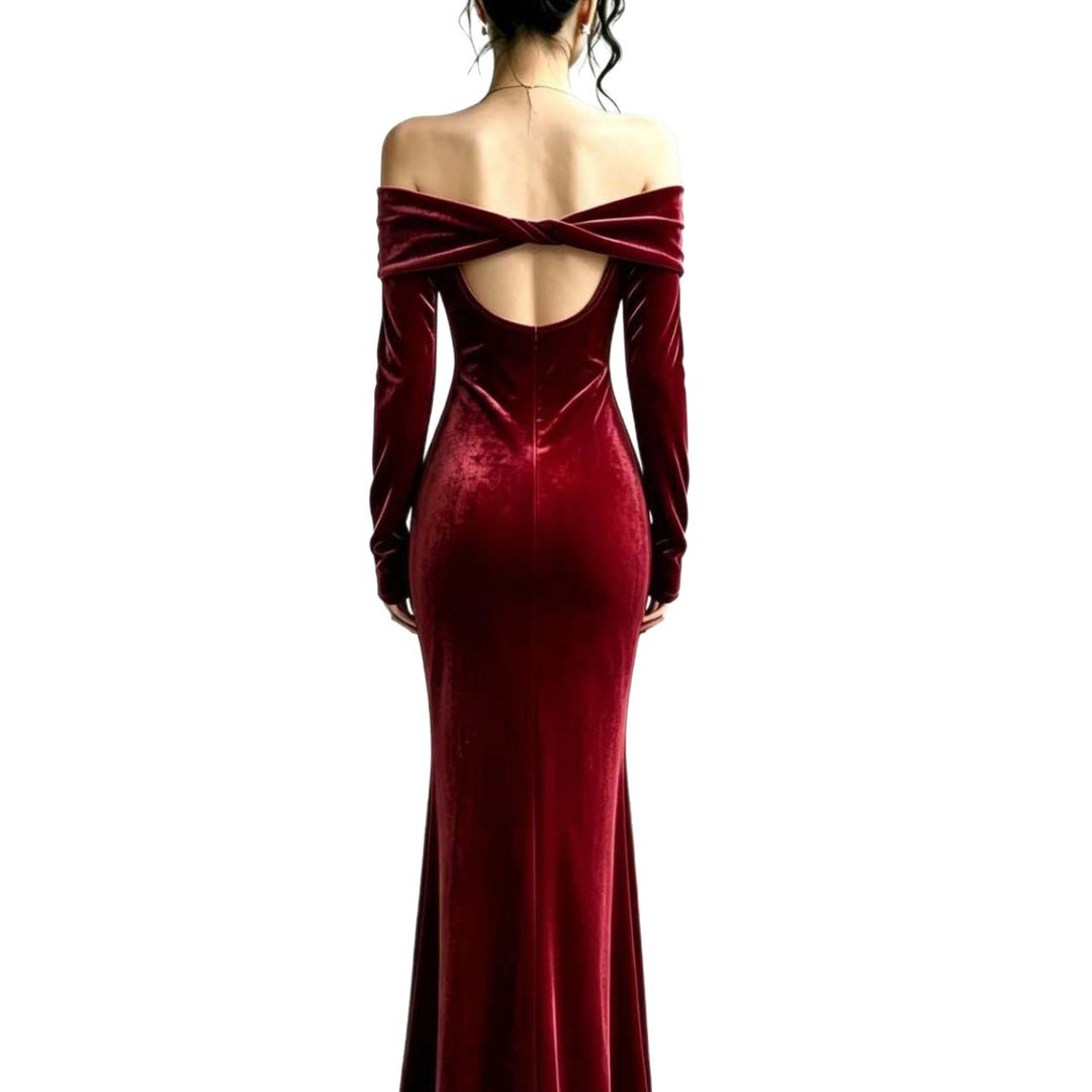 Damen Langes Samtabendkleid mit Carmenausschnitt und tiefem Rückenausschnitt Shop Nory