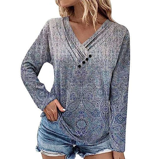 Damen Gerippter V-Ausschnitt Pullover mit Farbverlauf, Zierknöpfen und legerer Passform Shop Nory