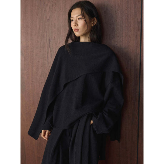 Damen Asymmetrischer Wollmix-Poncho mit weitem Boot-Ausschnitt und Lagenoptik Shop Nory