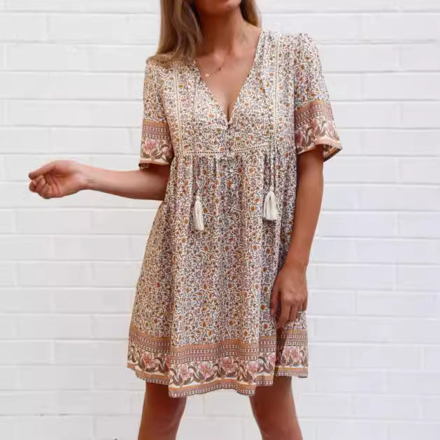 Damen Lässiges Boho-Kleid mit verspielten Quasten und floralen Mustern