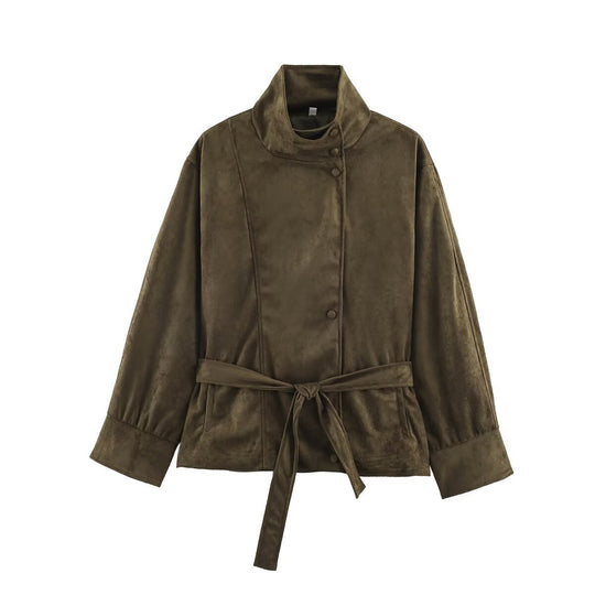 Damen Boxy-Wickeljacke in Veloursoptik mit hohem Stehkragen und Bindegürtel Shop Nory
