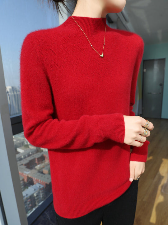 Damen Schlanker minimalistischer Stehkragen-Feinstrickpullover mit geripptem Hals Shop Nory