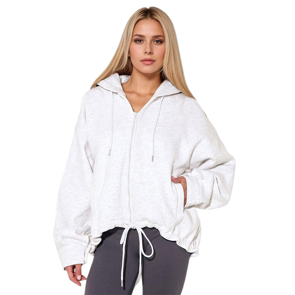Damen oversized Kapuzenjacke mit Reißverschluss, Tunnelzug-Saum und Kängurutaschen Shop Nory