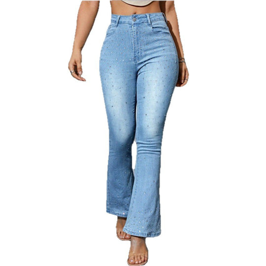 Damen Hochtaillierte Schlagjeans mit Perlenbesatz und sculptendem Stretchbund Shop Nory