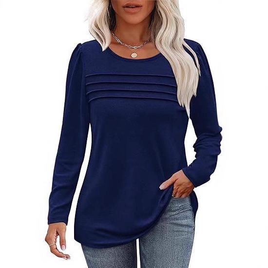 Damen Feines Langarmshirt mit Rundhalsausschnitt, dekorativen Kellerfalten und leicht taillierter A‑Linie Shop Nory