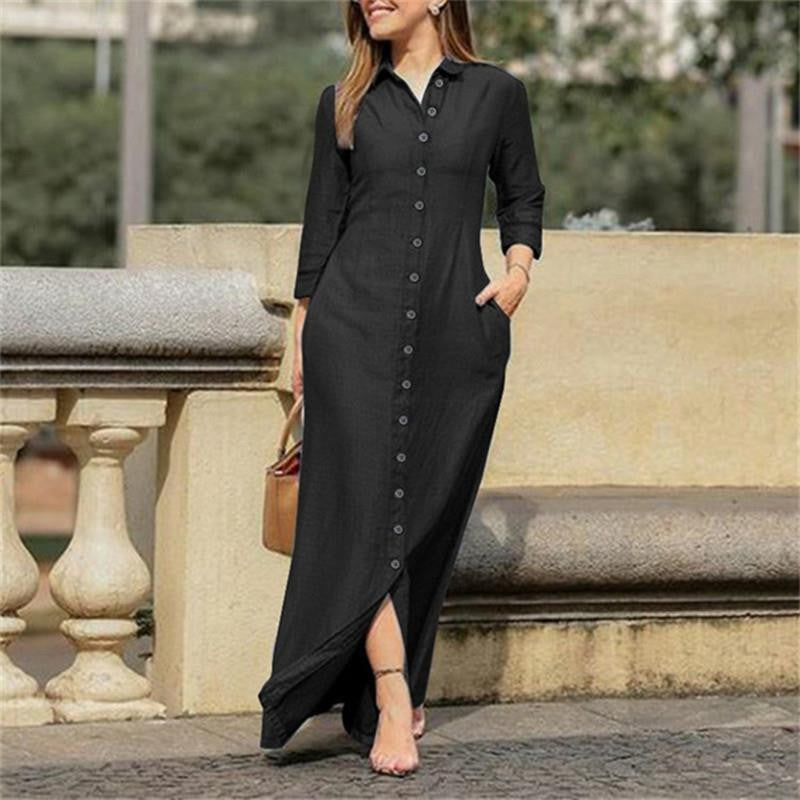 Damen Maxikleid Hemdblusenkleid mit Knopfleiste und Seitentaschen Shop Nory