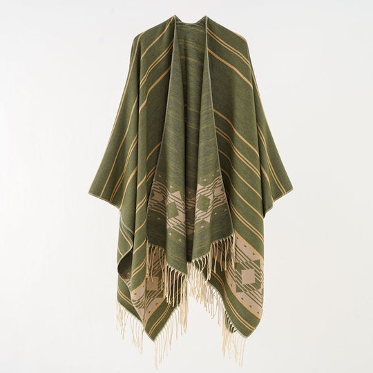 Damen Wollmix-Ruana im grafischen Ethno-Jacquard mit Fransensaum Shop Nory