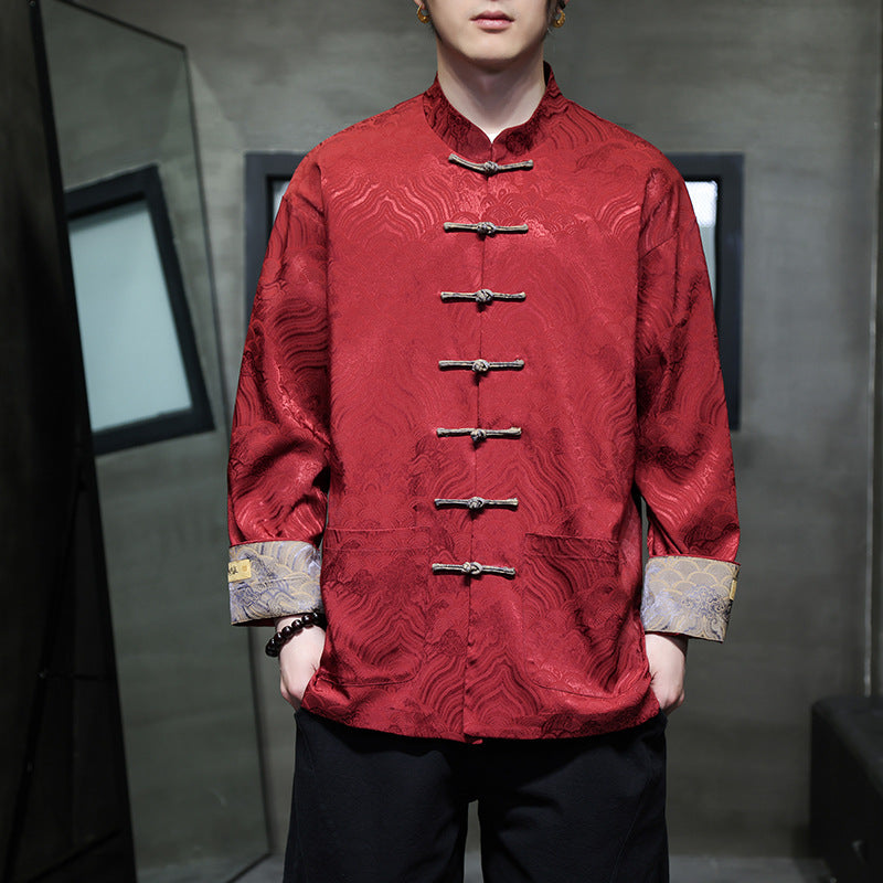 Herren traditionelle Tangjacke mit chinesischem Knotenverschluss und Brokatärmeln Shop Nory