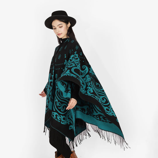 Damen Opulenter Jacquard‑Poncho im Kaftan‑Stil mit Fransen und Paisley‑Relief Shop Nory