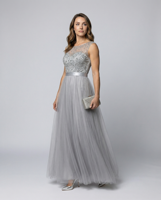 Herz-Ausschnitt Maxi Ombre Grau Kleid mit Schaufel-Bodice