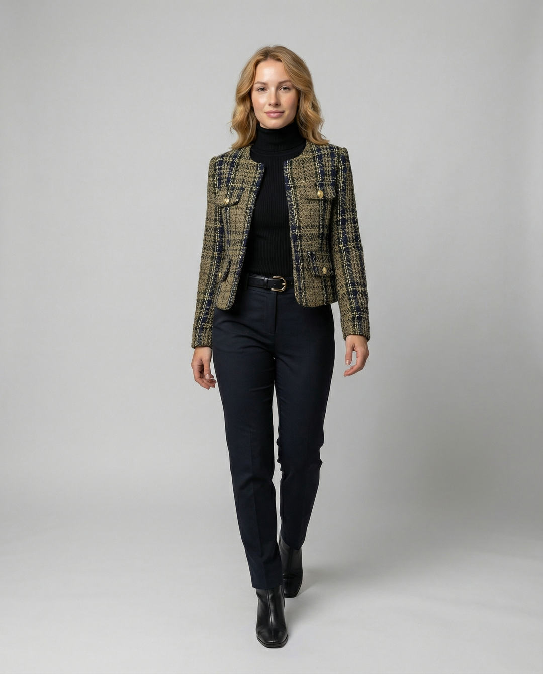 Damen Tweed-Blazerjacke mit goldenen Knöpfen