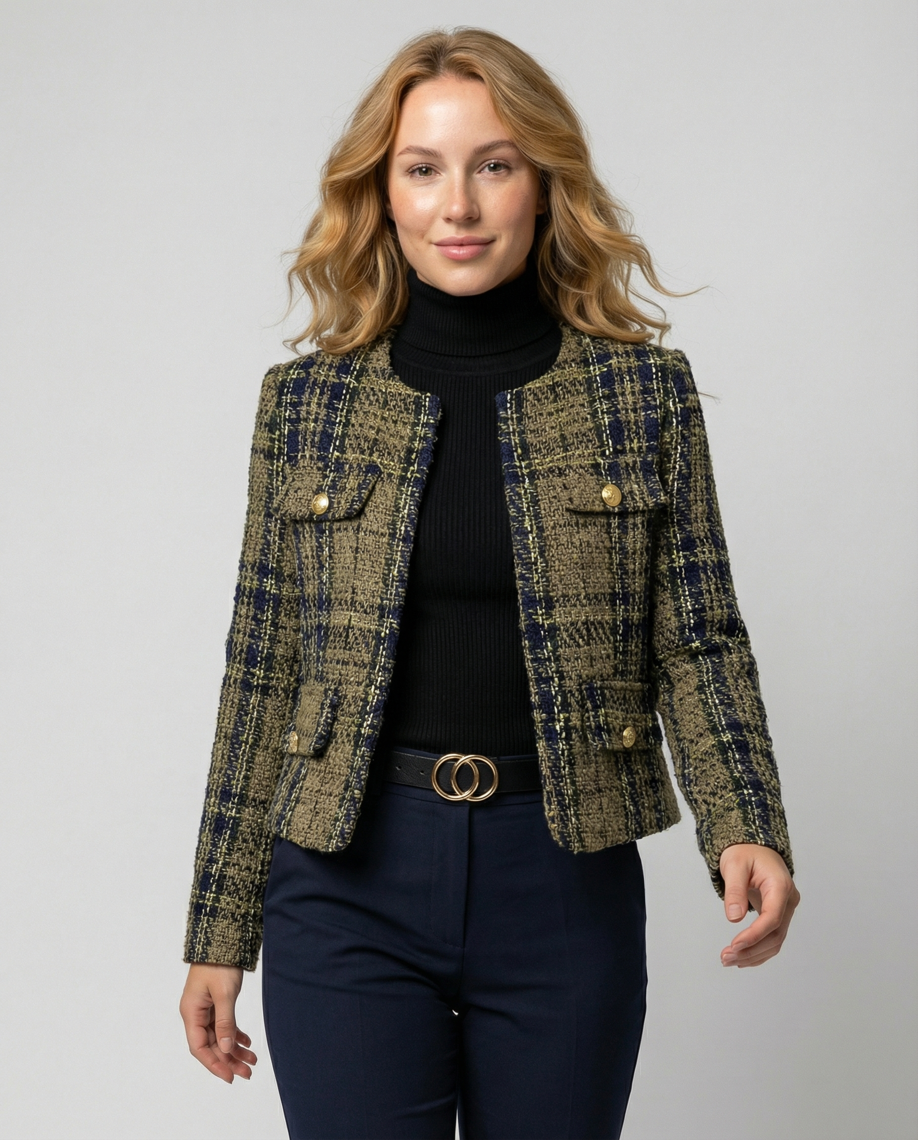 Damen Tweed-Blazerjacke mit goldenen Knöpfen
