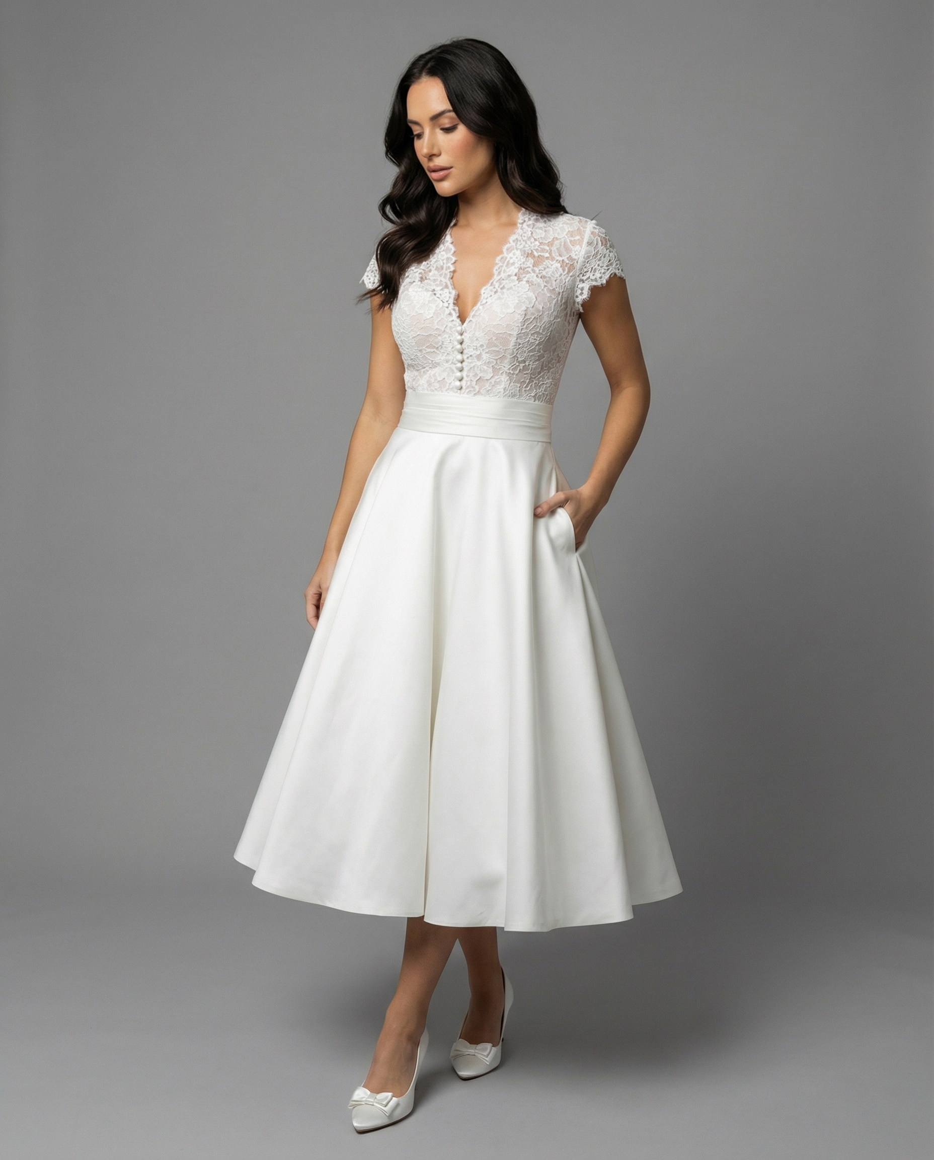 Damen Hochwertiges Hochzeitskleid mit Spitzendetails und schwingendem Rock ShopNory