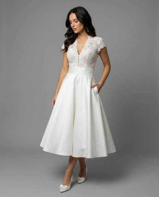 Damen Hochwertiges Hochzeitskleid mit Spitzendetails und schwingendem Rock ShopNory