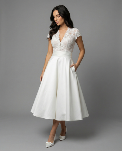 Damen Hochwertiges Hochzeitskleid mit Spitzendetails und schwingendem Rock ShopNory
