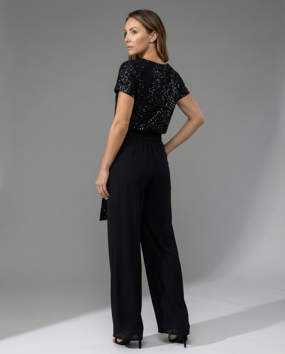 Damen Glitzernder Jumpsuit mit weitem Bein und Taillengürtel