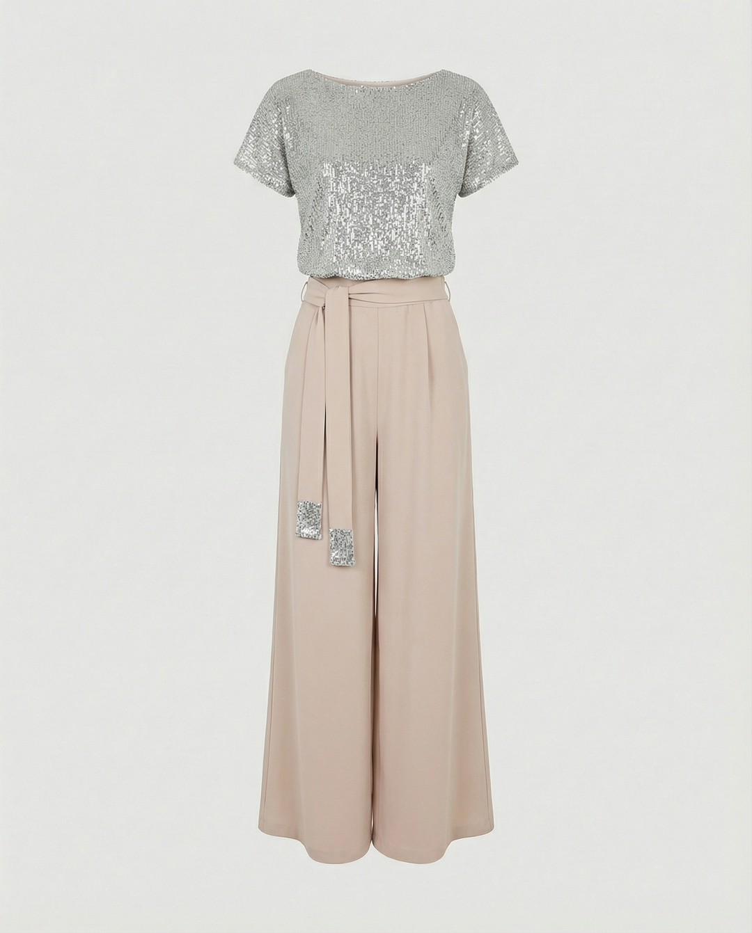 Damen Glitzernder Jumpsuit mit weitem Bein und Taillengürtel