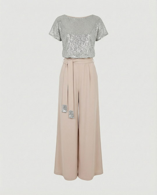 Damen Glitzernder Jumpsuit mit weitem Bein und Taillengürtel
