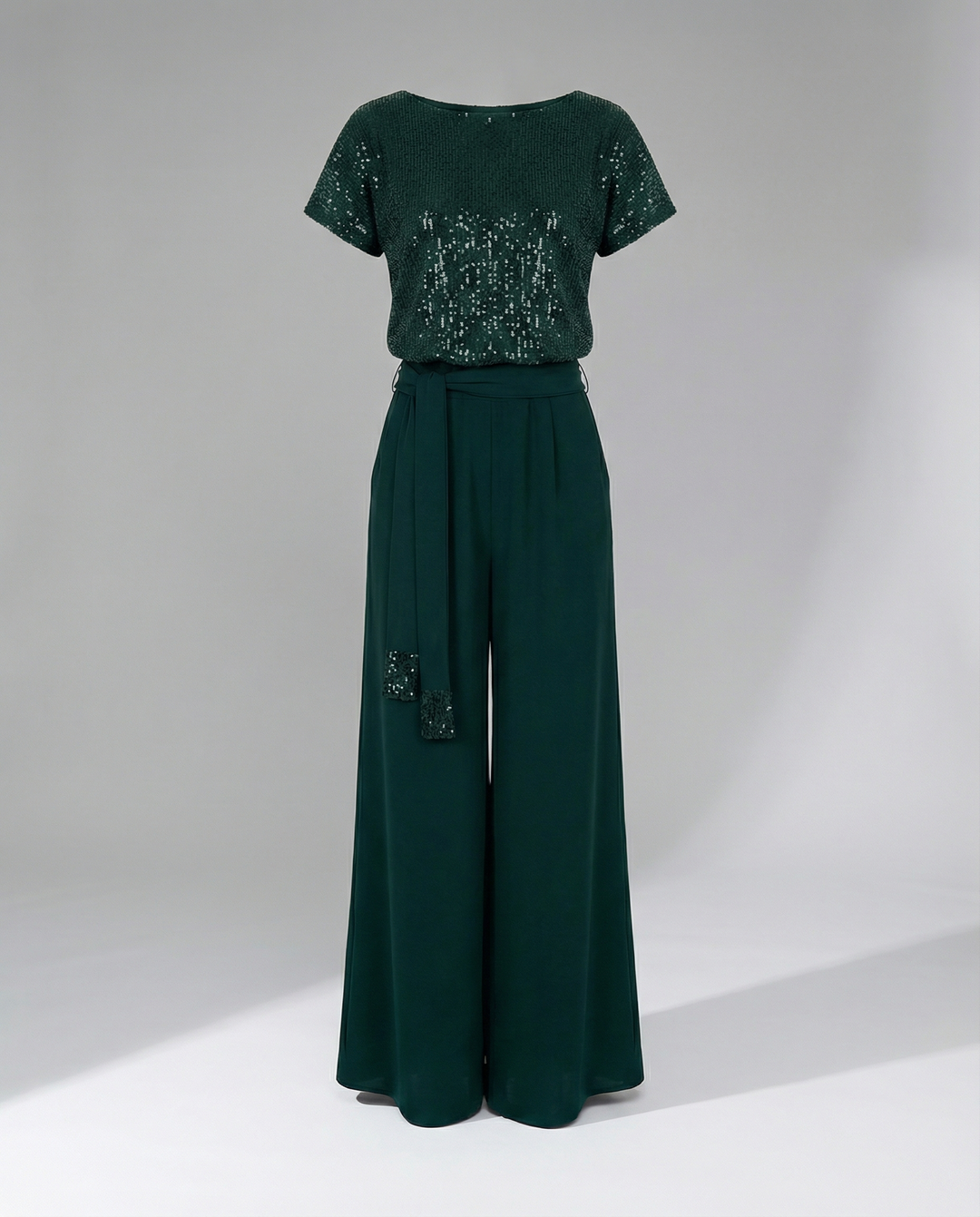 Damen Glitzernder Jumpsuit mit weitem Bein und Taillengürtel