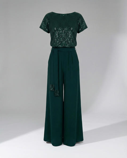 Damen Glitzernder Jumpsuit mit weitem Bein und Taillengürtel