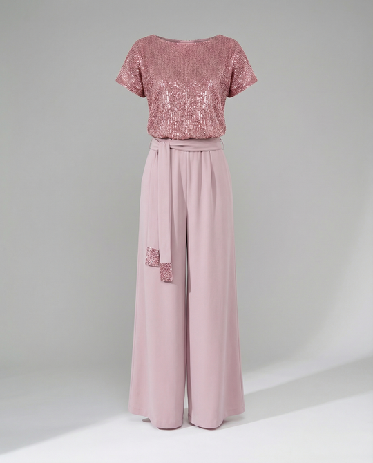 Damen Glitzernder Jumpsuit mit weitem Bein und Taillengürtel