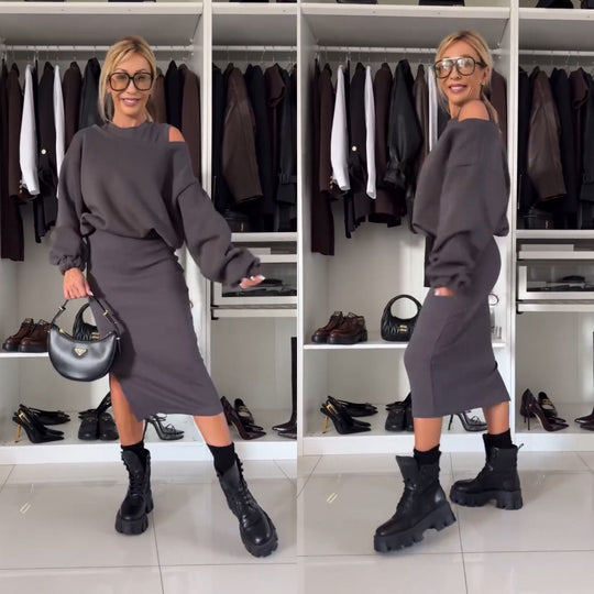 Satz mit Cold Shoulder Top und Midi Rock
