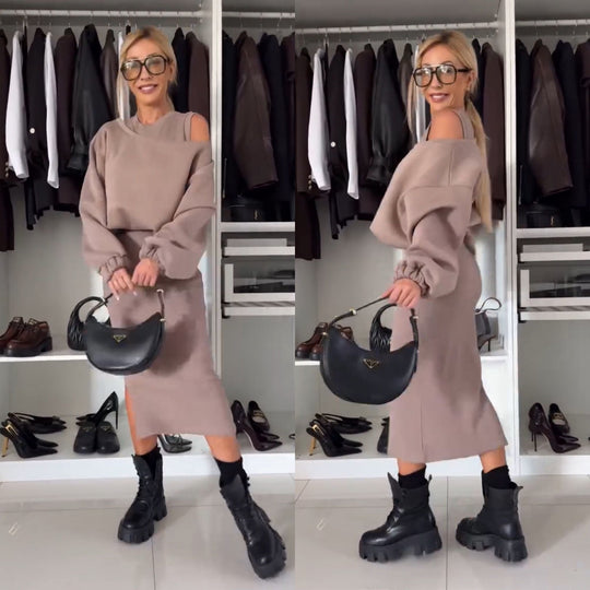 Satz mit Cold Shoulder Top und Midi Rock