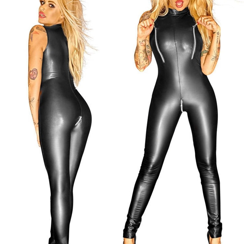 PU Reißverschluss Brust Schritt Jumpsuits