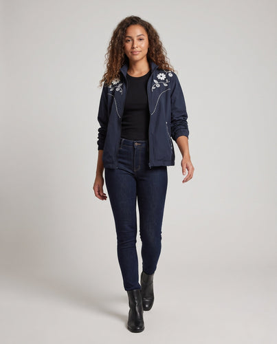Damen Bestickte leichte Übergangsjacke mit Reißverschluss und Blumendetail Shop Nory