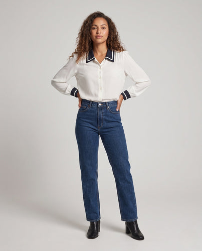 Damen Elegante Viskose‑Bluse mit Kontrastkragen und Ballonärmeln Shop Nory