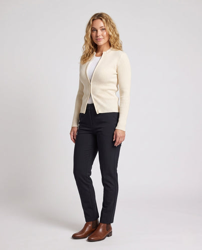 Damen Feiner gerippter Zip-Cardigan mit Rundhalsausschnitt und schmaler Silhouette Shop Nory