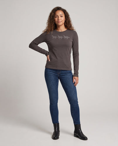 Damen Feines Langarmshirt aus Baumwolljersey mit Strass‑Pferdemotiv und ausgestellten Daumenlochärmeln Shop Nory