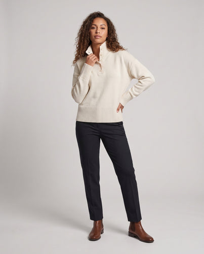 Damen Feinstrick-Polo-Pullover mit Knopfleiste, überschnittener Schulter und breitem Rippbund Shop Nory