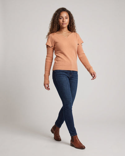 Damen Feinstrickpullover mit V-Ausschnitt, abnehmbaren Rippsärmeln und Schulter-Cutouts Shop Nory