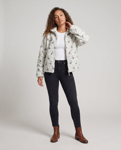 Damen Fleecejacke mit durchgehendem Blumenmuster, Reißverschluss und Stehkragen Shop Nory