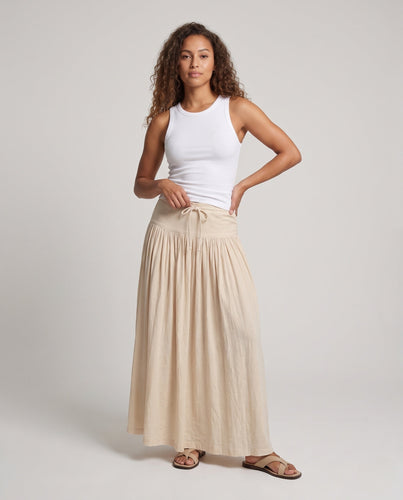 Damen Fließender Maxirock mit hohem Elastikbund, Tunnelzug und Crinkle‑Textur Shop Nory