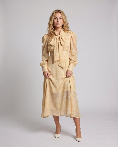 Damen Geblümtes Maxikleid mit Schleifenkragen und Puffärmeln Shop Nory