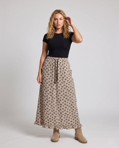 Damen Gemusteter Maxi-Strickrock mit Kordelzug und Rüschensaum Shop Nory