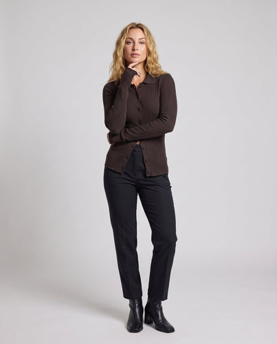 Damen Gerippter Feinstrick-Cardigan mit Hemdkragen und durchgehender Knopfleiste Shop Nory