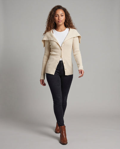 Damen Gerippter Strickcardigan mit umlegbarem Schulterkragen und Knopfleiste Shop Nory