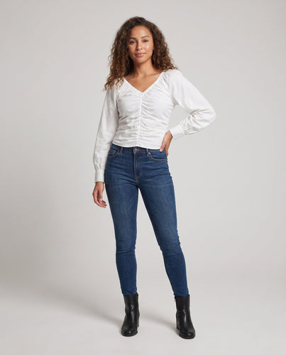 Damen Gerüschtes V‑Ausschnitt Puffärmel-Blusenshirt mit taillierter Raffung Shop Nory