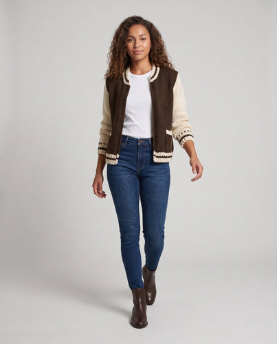 Damen Grobgestrickter Cardigan mit kontrastierendem Häkelkragen und Ballonärmeln Shop Nory