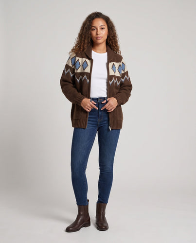 Damen Grobgestrickter Reißverschluss-Cardigan mit Argyle‑Muster, Schalkragen und Oversize‑Passform Shop Nory