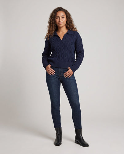Damen Grobgestrickter Zopfmuster-Pullover mit Polokragen und tiefem V-Ausschnitt Shop Nory