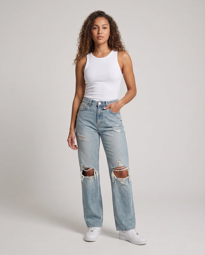 Damen High-Waist Jeans mit weitem Bein und starkem Used-Look Shop Nory
